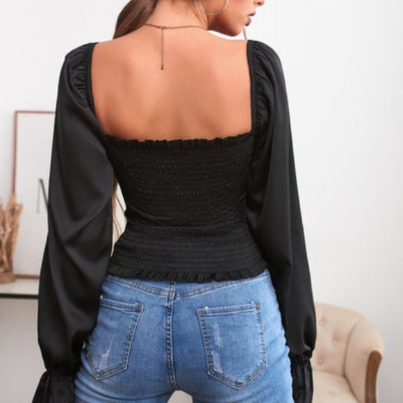 Square Collar Ruffled Long Sleeves Blouse - Picture 4 of 6